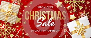 Christmas sale banner with christmas elements on red background.