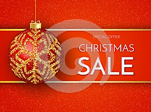 Christmas sale banner. Christmas sale phrase and red Christmas ball on red background.