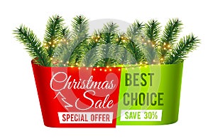 Christmas sale banner. Christmas tree branches advertising background. Special offer, discount vector illustration