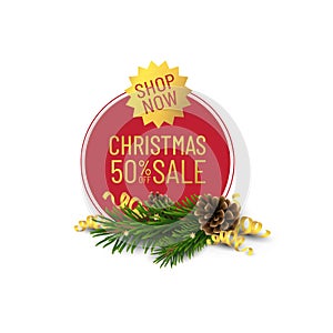 Christmas Sale banner with cone,pine, gold ribbons. Offer tage