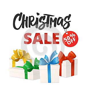 Christmas sale banner with discount tag. Cartoon gift boxes isolated on white.