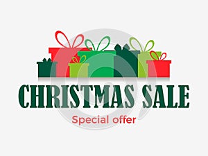 Christmas sale banner with gift boxes isolated on white background. Special offer. Vector