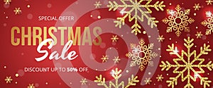 Christmas sale banner with golden snowflake on red background.