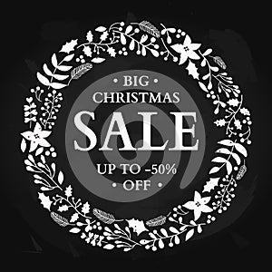 Christmas sale banner. Hand drawn chalkboard vector holiday