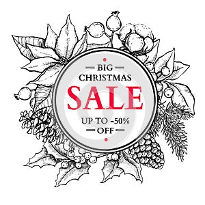 Christmas sale banner. Hand drawn holiday illustration wi