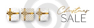 Christmas sale banner or header background. Xmas celebration white luxury design with presents. Winter holiday concept. Realistic