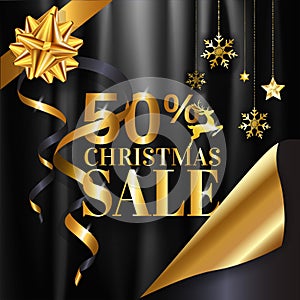 Christmas sale banner poster design with 50% in golden color on black crumple cloth background with copy space. EPS10 Vector