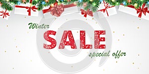 Christmas sale banner. Realistic fir tree branches and presents. Gift boxes with red ribbons. Christmas lights. Sale red