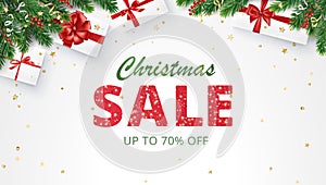 Christmas sale banner. Realistic fir tree branches and presents. Gift boxes with red ribbons. Sale red glitter sparkling