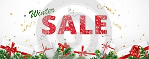Christmas sale banner. Realistic fir tree branches and presents. Gift boxes with red ribbons. Sale red glitter sparkling