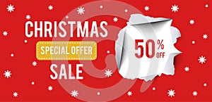 Christmas Sale banner on red background with 50 percent discount.