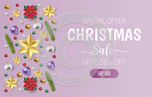 Christmas sale banner with red, gold and green balls, shiny ribbon andsnow flake on purple background. Vector illustration