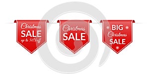 Christmas sale banner set. Red Hanging ribbon with Xmas discount. Up to 50% price off. Vector illustration
