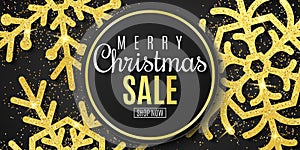 Christmas sale banner. Snowflakes of gold glitters on a black background. Happy New Year and Merry Christmas. Vector