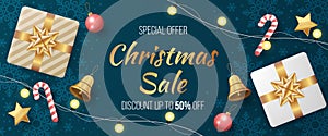 Christmas sale banner template with realistic christmas elements. photo