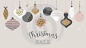 Christmas sale banner template typography with christmas balls, for sale flyers, poster, web banner and greeting card