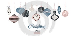 Christmas sale banner template typography with christmas balls, for sale flyers, poster, web banner and greeting card
