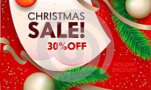 Christmas Sale Banner with Typography on Red Background with Gold Ribbon, Fir-Tree Branch and Decoration Balls Top View