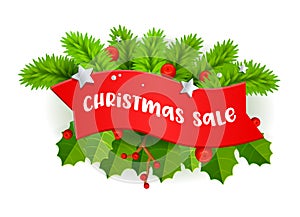 Christmas Sale Banner with Typography on Red Ribbon, Fir-Tree Branches and Holly Berries on White Background