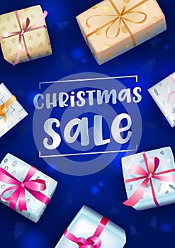 Christmas Sale Banner with Typography and Wrapped Festive Gift Boxes on Blue Blurred Background with Fir Tree Pattern