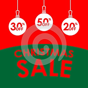 Christmas sale banner. Xmas sale and discount design template with Christmas balls and 20, 30, 50 percent price off tags. Vector i