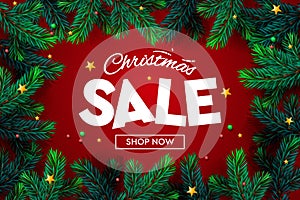 Christmas Sale banner, Xmas sparkling lights, christmas tree branch. Horizontal christmas posters, cards, headers