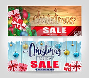 Christmas Sale Banners Set with Different Designs and Wooden Background