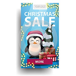 Christmas sale, blue vertical discount with purple button, penguin in Santa Claus hat with presents and Christmas tree isolated.