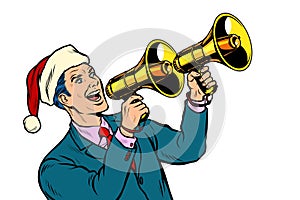 Christmas sale. Businessman advertises with megaphone