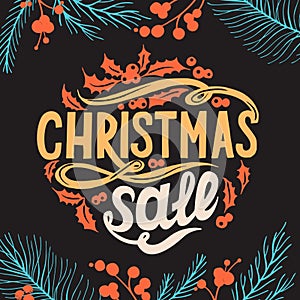 Christmas sale chalkboard background with holiday decorations.