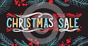 Christmas sale chalkboard background with holiday decorations.