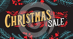 Christmas sale chalkboard background with holiday decorations.