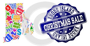 Christmas Sale Collage of Mosaic Map of Rhode Island State and Textured Stamp