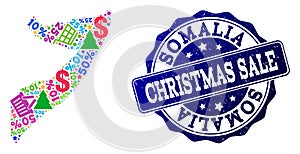 Christmas Sale Composition of Mosaic Map of Somalia and Grunge Seal