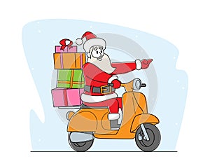 Christmas Sale Concept. Santa Claus Riding Scooter with Gifts on Trunk Pointing Forward on Snowy Landscape, Advertising