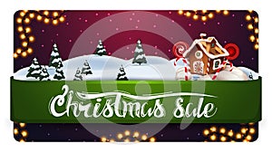 Christmas sale, discount banner with beautiful winter landscape, green horizontal ribbon with offer and Christmas gingerbread