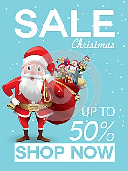 Christmas sale discount offer. Cartoon Santa Claus with huge red bag with presents in snow scene for New Year promotion banners,