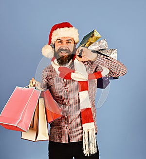 Christmas sale and discounts concept. Guy or hipster shopper