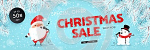 Christmas sale, discounts. Festive advertising banner with fun New Year characters. Santa Claus and Snowman singing into the