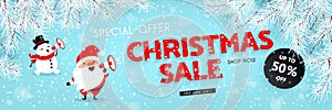 Christmas sale, discounts. A festive banner. Santa Claus and Snowman announces discounts through a megaphone. Snow, branches of