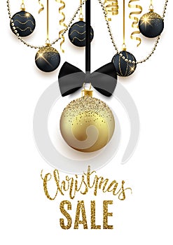 Christmas sale festive advertisement banner, discount, shop, gold bauble with bow, vector illustration photo