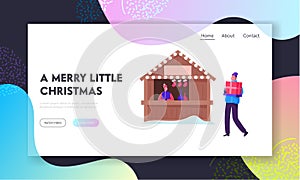 Christmas Sale, Festive Season Website Landing Page. Happy Man Holding Gift Box Passing by Wooden Stall