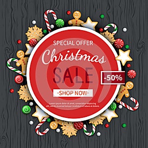 Christmas sale flyer template. Poster, card, label, background, banner on circle frame with sweets, cookie, lollipops.