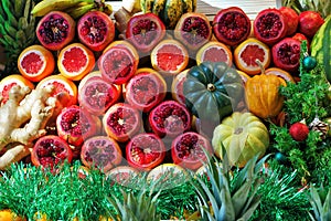 Christmas sale of fruits and vegetables for fresh juices