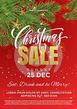 Christmas Sale gold and red poster for discount promo offer