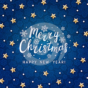 Christmas sale greeting card with golden stars decor on blue snowflakes background for winter holiday design