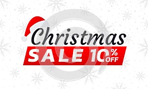 Christmas sale icon, label or banner. Xmas discount promotion poster or card template with Santa cap. 10 percent price off sticker