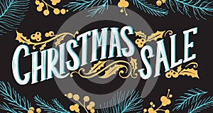 Christmas sale chalkboard background with holiday decorations.