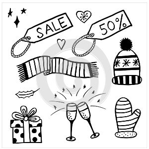 Christmas sale illustrations in black and white, set of simple hand drawn vector drawings in doodle style