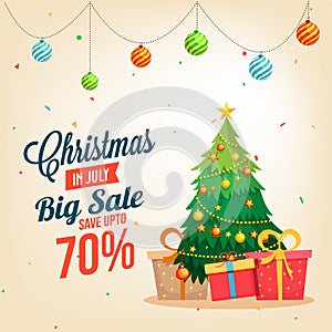 Christmas sale in July, poster, or banner template, with christmas tree and gift boxes. wth date and offers details.